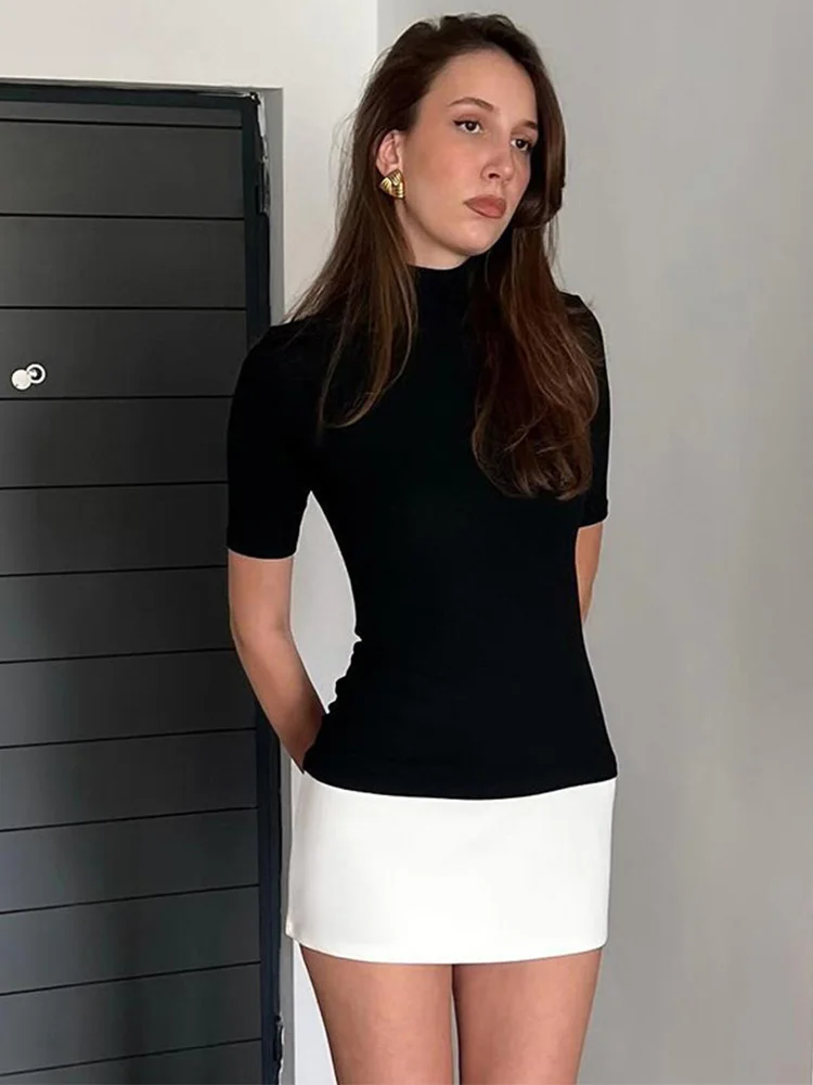 2025 Turtleneck Half Sleeve Mini Dresses French Style Fashion Elegant Black And White Patchwork Bodycon Dress - Image 3