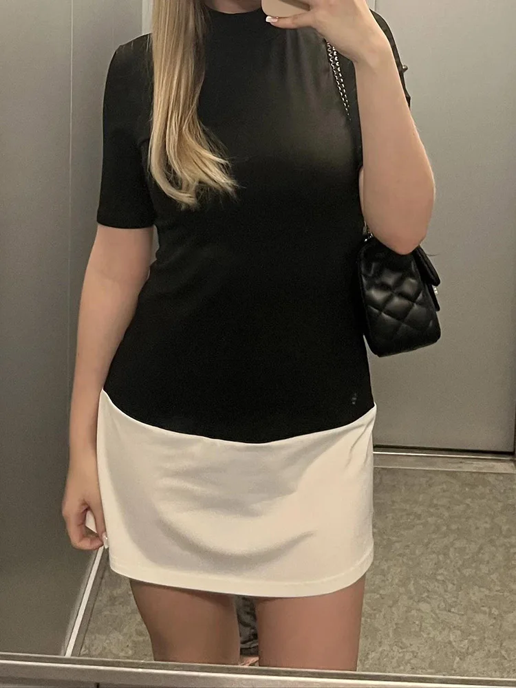 2025 Turtleneck Half Sleeve Mini Dresses French Style Fashion Elegant Black And White Patchwork Bodycon Dress