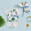 2026 New Baby Boys Swimsuits Set Summer Cute Print Zipper Short Sleeve Rash Guard and Swim Trunks and Hat Swimwear Beachwear