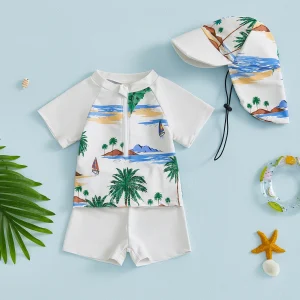 2026 New Baby Boys Swimsuits Set Summer Cute Print Zipper Short Sleeve Rash Guard and Swim Trunks and Hat Swimwear Beachwear