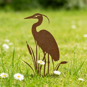 [2D Flach] Rustic Metal Heron Garden Stake, Realistic Heron Silhouette with Reeds for Outdoor Garden & Pond Decor