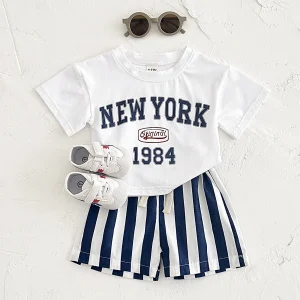 2PCS Infant Outfit Suit 0-3Y Newborn Boys Clothes Sets New Summer T-shirt Baby Clothes Set Letter New York T-shirt Stripe Shorts