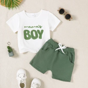 2Pcs Baby Boy Set Mom's Boy Letter Pattern Short Sleeve+Shorts Set Suitable for 0-3 Year Old Boys Summer Sports and Leisure Set