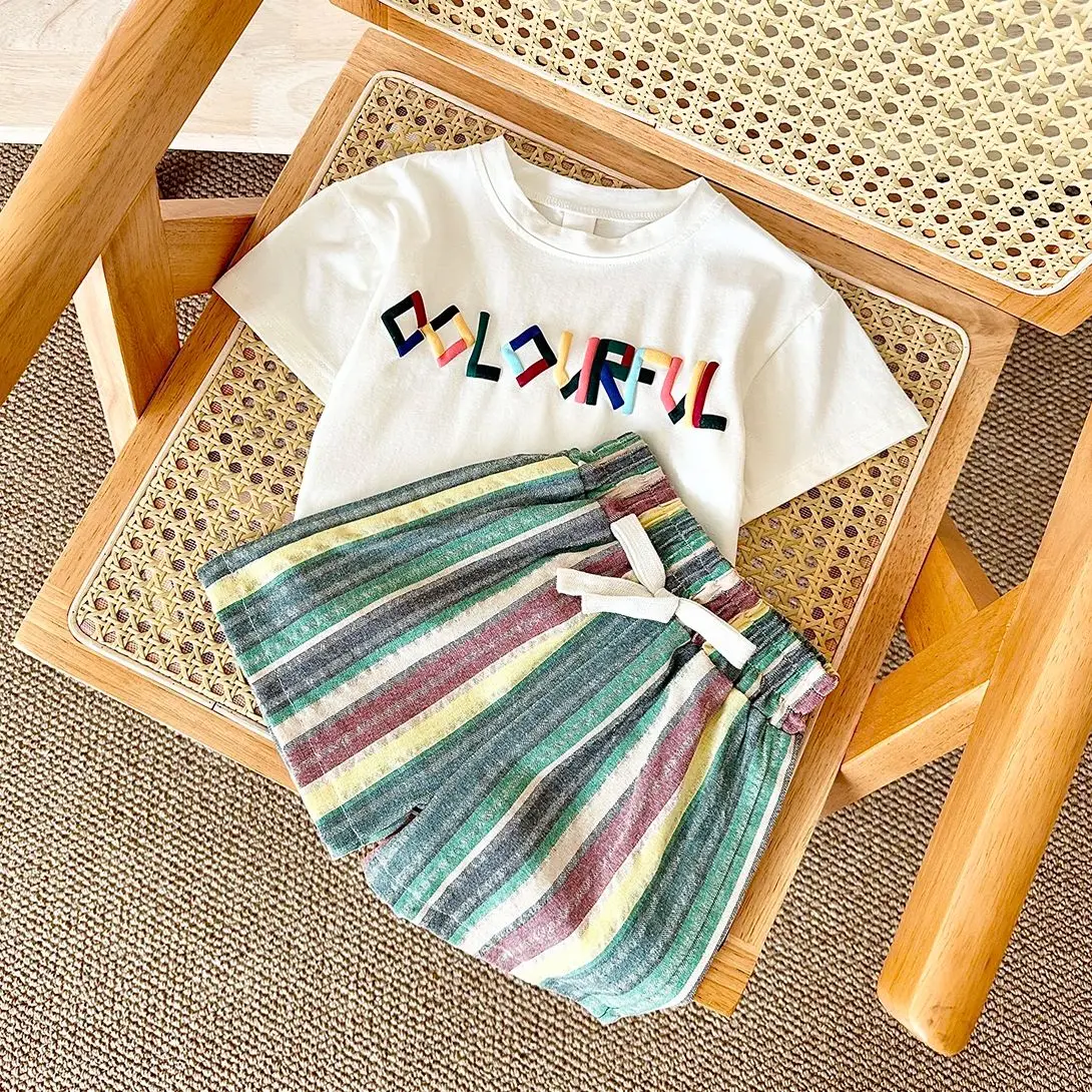 2Pcs Newborn Baby Clothes Sets Cotton T-shirt+Shorts Letter Colorful Striped Holiday Boy Girl Summer Casual Infant Suit 0-3Y