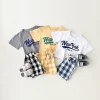 2Pcs Newborn Boys Baby Clothing Set Casual Letter Printed Short Sleeved T-shirt+Checkered Shorts Girls Infant Outfit 0-3Y