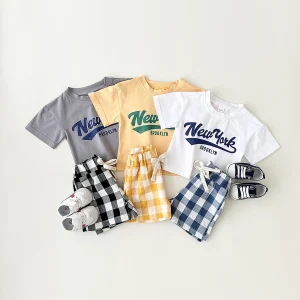 2Pcs Newborn Boys Baby Clothing Set Casual Letter Printed Short Sleeved T-shirt+Checkered Shorts Girls Infant Outfit 0-3Y