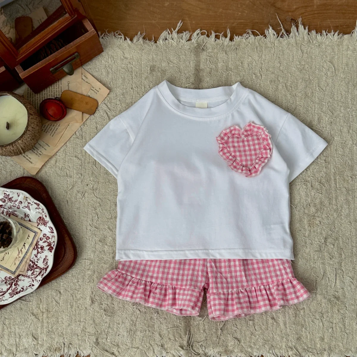 2Pcs Summer Baby Boy Girl Set Cotton Heart-shaped Sticker Short Sleeve T-Shirts +plaid Shorts Kids Clothes Suitable for 0-3Y - Image 3