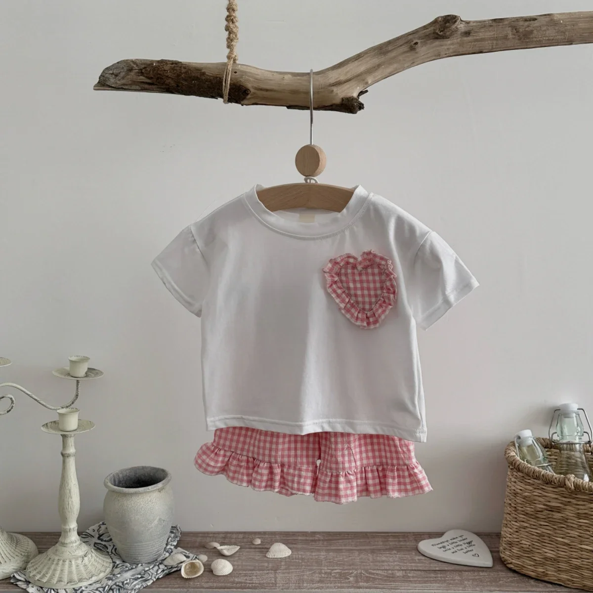 2Pcs Summer Baby Boy Girl Set Cotton Heart-shaped Sticker Short Sleeve T-Shirts +plaid Shorts Kids Clothes Suitable for 0-3Y - Image 5