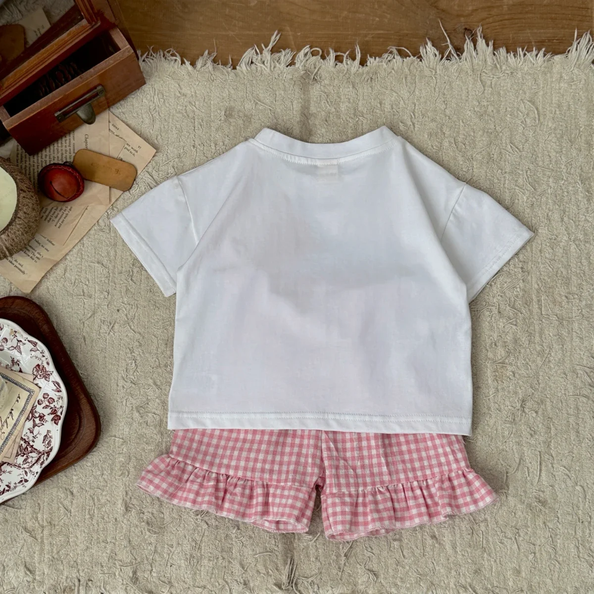 2Pcs Summer Baby Boy Girl Set Cotton Heart-shaped Sticker Short Sleeve T-Shirts +plaid Shorts Kids Clothes Suitable for 0-3Y - Image 2