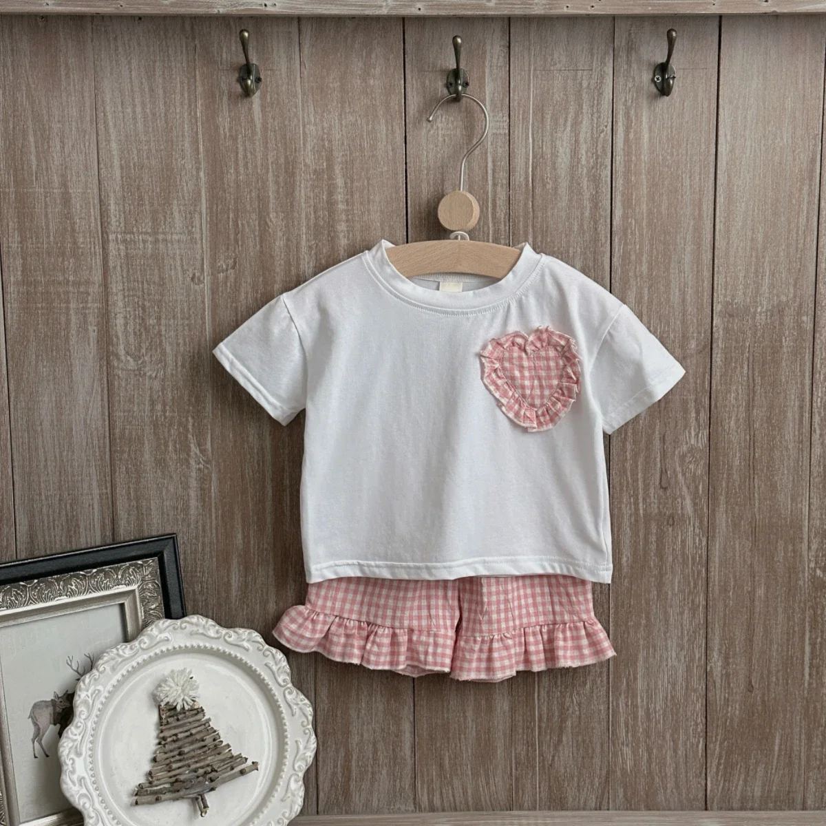 2Pcs Summer Baby Boy Girl Set Cotton Heart-shaped Sticker Short Sleeve T-Shirts +plaid Shorts Kids Clothes Suitable for 0-3Y - Image 6