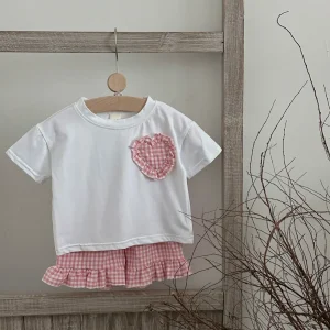 2Pcs Summer Baby Boy Girl Set Cotton Heart-shaped Sticker Short Sleeve T-Shirts +plaid Shorts Kids Clothes Suitable for 0-3Y