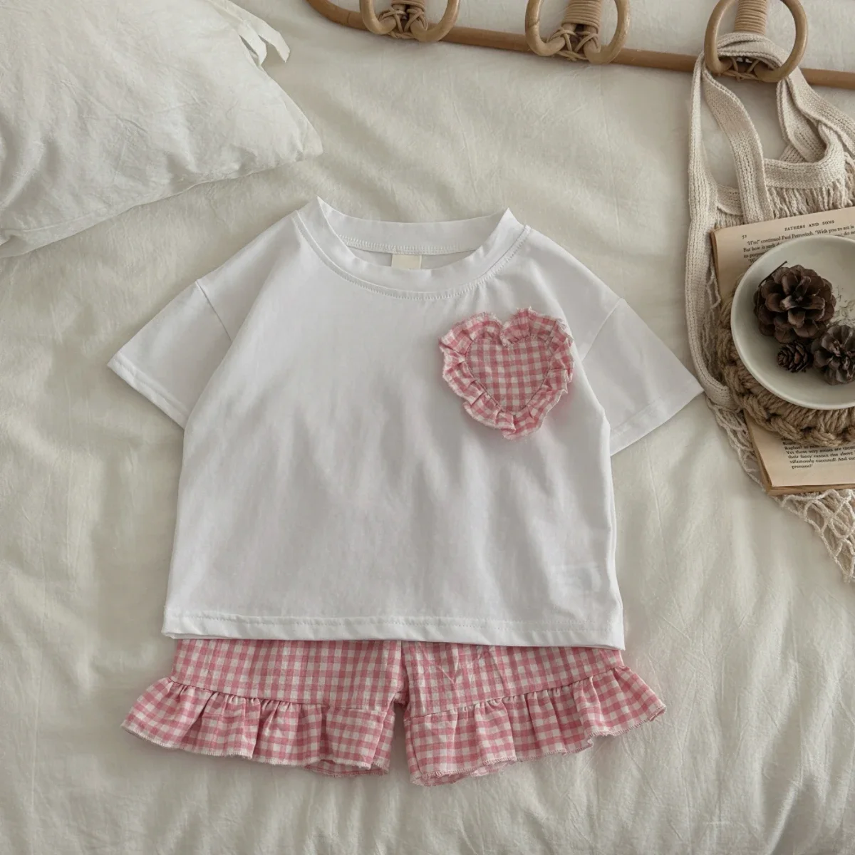 2Pcs Summer Baby Boy Girl Set Cotton Heart-shaped Sticker Short Sleeve T-Shirts +plaid Shorts Kids Clothes Suitable for 0-3Y - Image 4