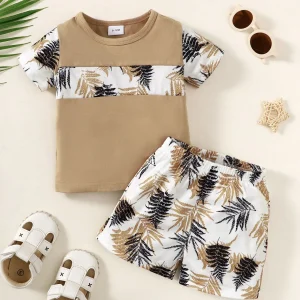 2Pcs Summer Baby Boy Set Color blocked Maple Leaf Printed Top and Pants Set Suitable for 0-3 Year Toddler Boy Casual Style Set