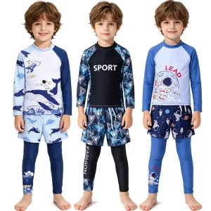 3 PCS Set Swim Wear For Boys Kids Swimsuits Toddler 2 3 4 5 6 7 8 9 Years Long Sleeve Swimming Shirt+Shorts+Pants Bathing Outfit