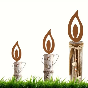 3 Pcs Rustic Metal Candle Flame Silhouette – Weatherproof Outdoor Christmas Yard Art, Festive Holiday Decoration