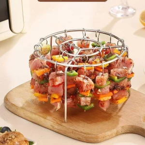 304 Stainless Steel Vertical Air Fryer Skewer Rack with 24Pcs Special Meat Skewers Roasting Universal Oven BBQ Grill Stand