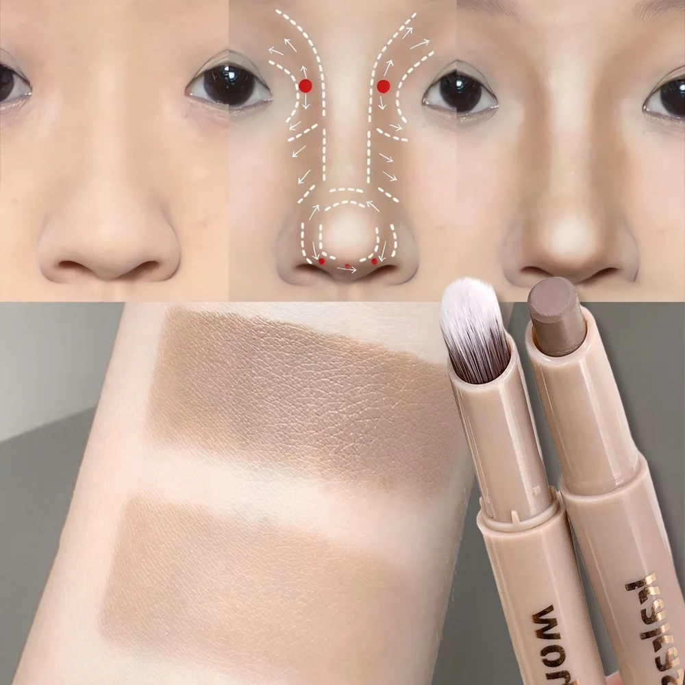 3D Contouring Pen Matte Bronzer Stick Grey Brown Nose Shadow Contour Pen With Brush Double Head Facial Contour Stick Makeup - Image 2
