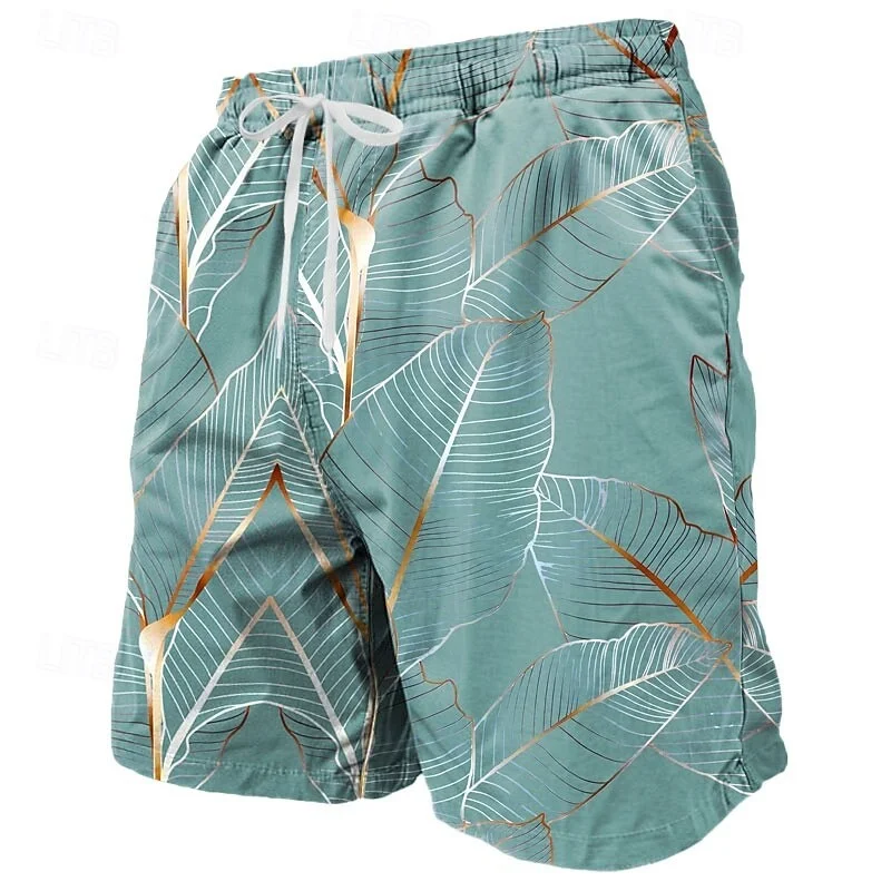 3D Printed Colorful Leaves Short Pants For Men Plant Stripes Pattern Beach Shorts Summer Casual Street Breathable Swim Trunks - Image 2