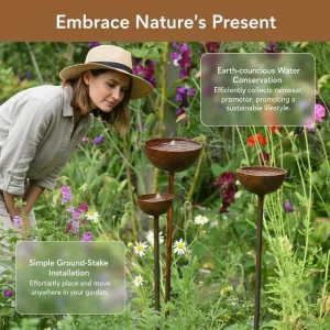 3Pcs Decorative Rain Catcher Garden Stake Rustic Metal, Cup Rain Catcher Ornament for Yard Patio Lawn, Outdoor Garden Decoration