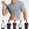 4Pcs Summer Ice Silk Men T-Shirt Vest Men's No Trace Sports Short Sleeve T-shirt Solid V-neck Tees Quick Dry Shirt Tops Fitness