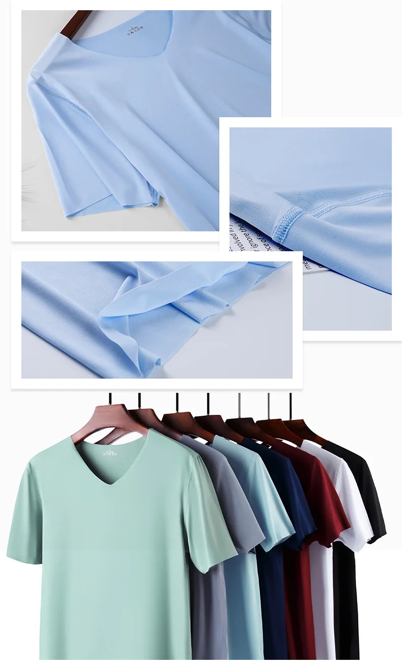 4Pcs Summer Ice Silk Men T-Shirt Vest Men's No Trace Sports Short Sleeve T-shirt Solid V-neck Tees Quick Dry Shirt Tops Fitness - Image 3