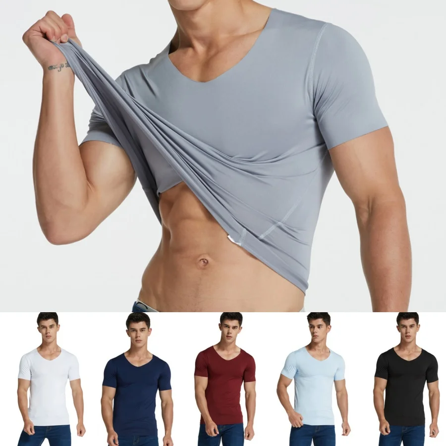 4Pcs Summer Ice Silk Men T-Shirt Vest Men's No Trace Sports Short Sleeve T-shirt Solid V-neck Tees Quick Dry Shirt Tops Fitness