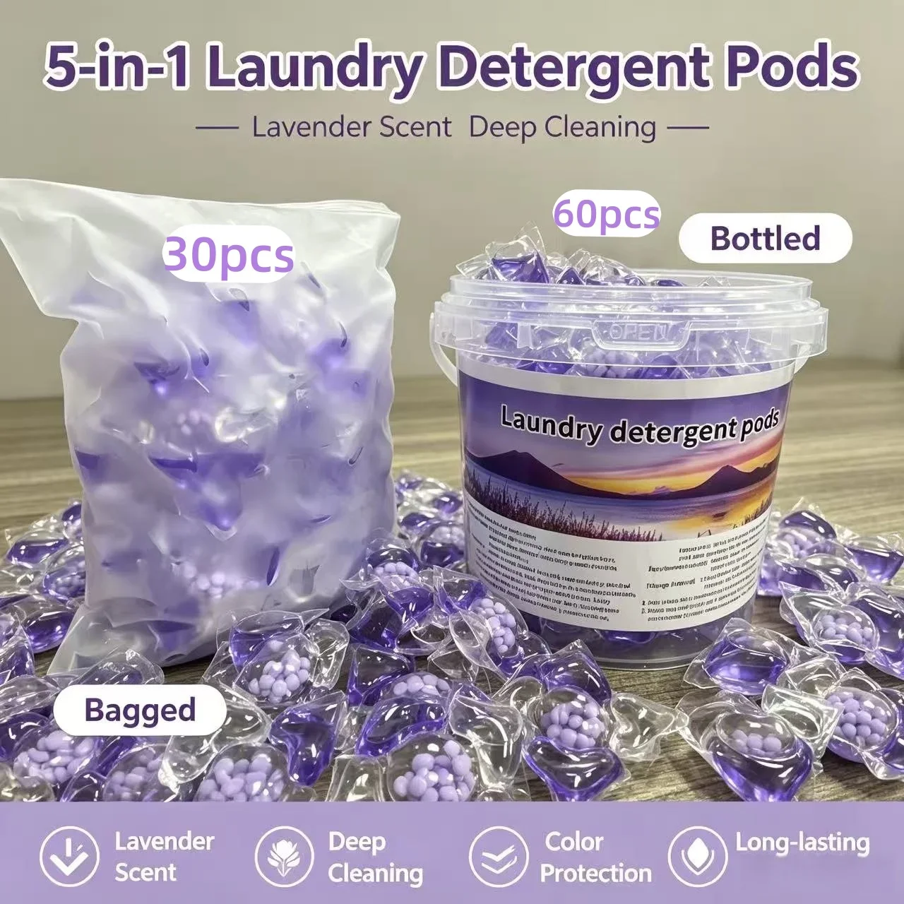 5D Functions Lavender Laundry Pods, 30pcs/bag 60pcs/barrel Effective Dirt Remover Laundry Detergent for Daily Clothes Washing - Image 4