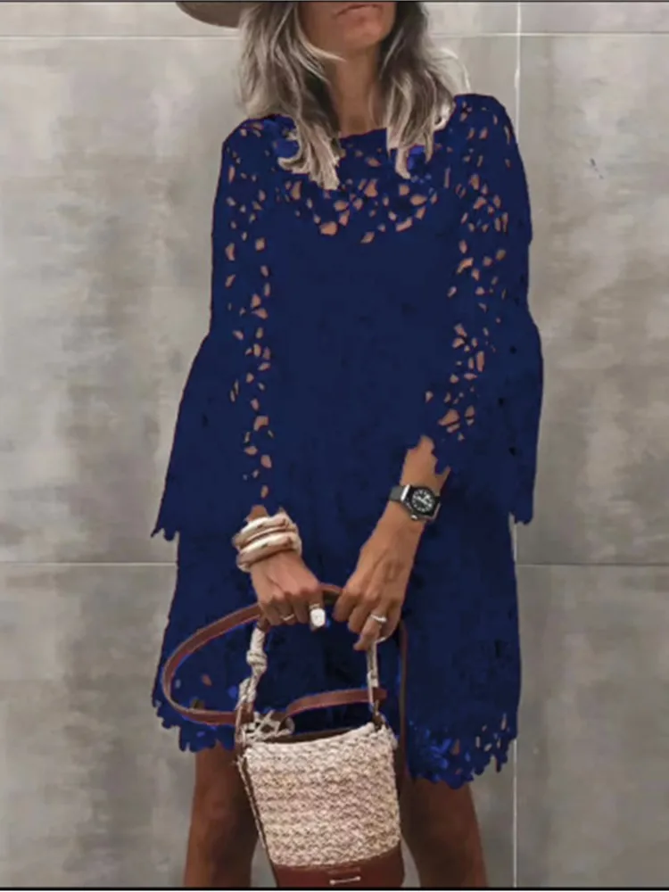 Autumn Women's Solid Color Dress Ethnic Style Sexy Lace Hollow Flower Temperament Elegant Casual Long Sleeved Knee Length Dress - Image 2