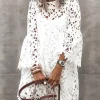 Autumn Women's Solid Color Dress Ethnic Style Sexy Lace Hollow Flower Temperament Elegant Casual Long Sleeved Knee Length Dress
