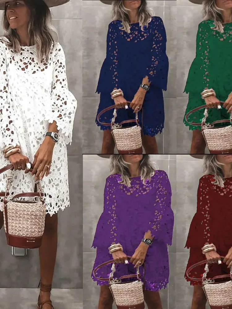 Autumn Women's Solid Color Dress Ethnic Style Sexy Lace Hollow Flower Temperament Elegant Casual Long Sleeved Knee Length Dress - Image 6