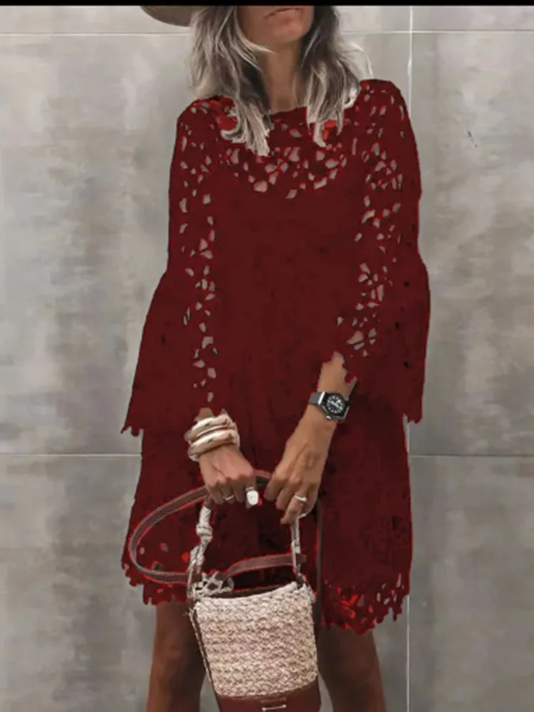 Autumn Women's Solid Color Dress Ethnic Style Sexy Lace Hollow Flower Temperament Elegant Casual Long Sleeved Knee Length Dress - Image 3