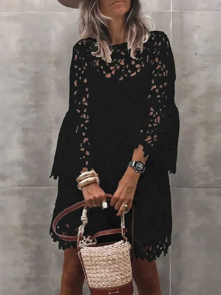 Autumn Women's Solid Color Dress Ethnic Style Sexy Lace Hollow Flower Temperament Elegant Casual Long Sleeved Knee Length Dress - Image 4