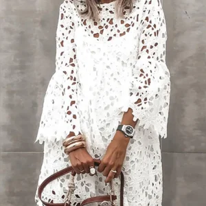 Autumn Women's Solid Color Dress Ethnic Style Sexy Lace Hollow Flower Temperament Elegant Casual Long Sleeved Knee Length Dress