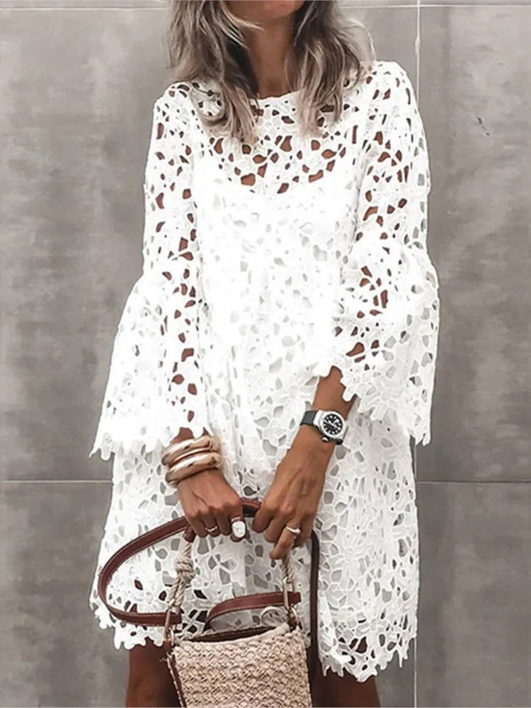 Autumn Women's Solid Color Dress Ethnic Style Sexy Lace Hollow Flower Temperament Elegant Casual Long Sleeved Knee Length Dress
