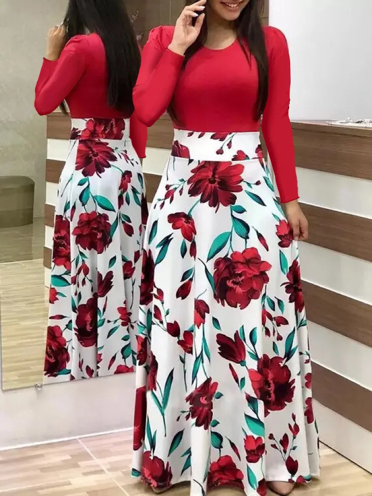 Autumn hot selling European and American flower color matching dresses, long dresses, women's clothing in stock - Image 2