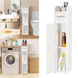 BRIEFNESS Bathroom Organizer Cabinet 3 Tier Tall Slim with Door Shelves, Waterproof Storage for Bathroom Kitchen, Space Saver