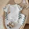 Baby 2Pcs Summer Outfits Short Sleeve Tops and Grid Print Shorts Set Toddler Summer Clothes Suitable for Infants Aged 0-3 Years