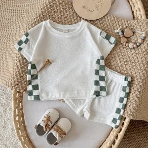 Baby 2Pcs Summer Outfits Short Sleeve Tops and Grid Print Shorts Set Toddler Summer Clothes Suitable for Infants Aged 0-3 Years