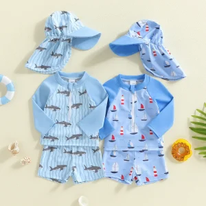 Baby Boy Rash Guard Swimsuits Long Sleeve Shark/Sailboat Print Bathing Suit Swimwear with Hat 0-5T