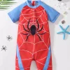 Baby Boys Color Block Round Neck Spider Pattern One-Piece Swimsuit Infant Swimwear Comfortable Spandex Polyester Blend