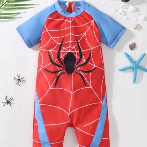 Baby Boys Color Block Round Neck Spider Pattern One-Piece Swimsuit Infant Swimwear Comfortable Spandex Polyester Blend