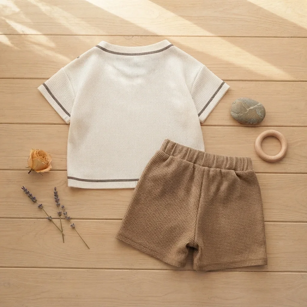Baby Boys Girls Korean Minimalist Style Clothing Sets Summer T-shirts+Solid Color Small Grid Pattern Shorts Kids Clothes 0-3Y - Image 2
