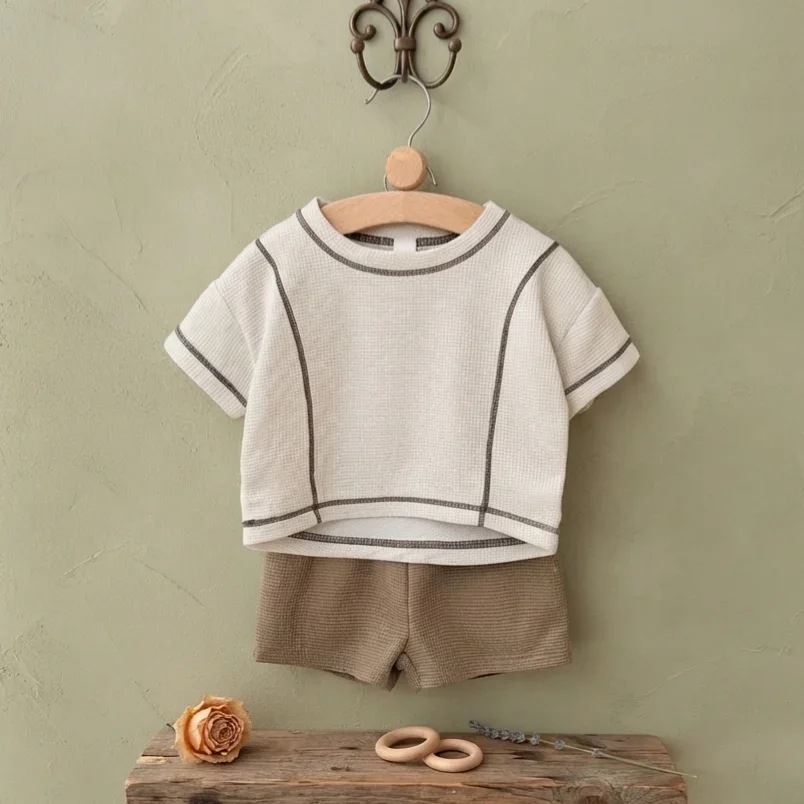 Baby Boys Girls Korean Minimalist Style Clothing Sets Summer T-shirts+Solid Color Small Grid Pattern Shorts Kids Clothes 0-3Y - Image 6