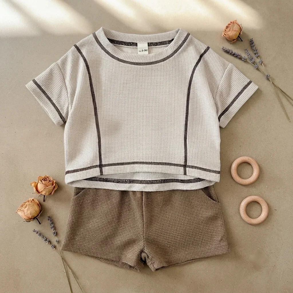 Baby Boys Girls Korean Minimalist Style Clothing Sets Summer T-shirts+Solid Color Small Grid Pattern Shorts Kids Clothes 0-3Y - Image 4