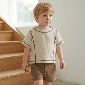 Baby Boys Girls Korean Minimalist Style Clothing Sets Summer T-shirts+Solid Color Small Grid Pattern Shorts Kids Clothes 0-3Y