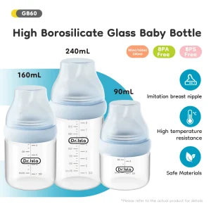 Baby Glass Bottle Inclined Breast-Shaped 90/160/240ML Anti-Colic＆Bloating Temperature-Resistant For Newborn 0-6M+ GB60
