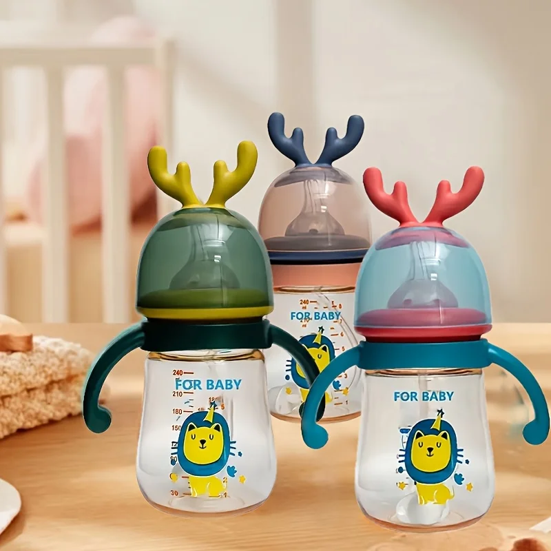 Baby bottle, portable and easy to clear, PP bottle with handles, Deer antler decoration on the baby bottle