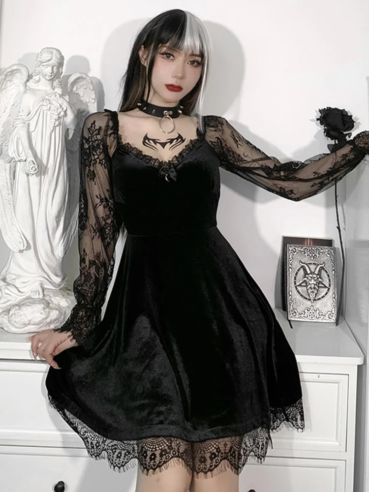 Black Gothic Lolita Style Dress for Women Lace Trim High Waist Bodycon Vestidos E-girl 90s Vintage Punk Harajuku Grunge Clothes - Image 2