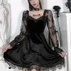 Black Gothic Lolita Style Dress for Women Lace Trim High Waist Bodycon Vestidos E-girl 90s Vintage Punk Harajuku Grunge Clothes