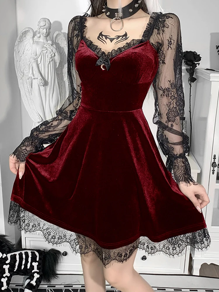 Black Gothic Lolita Style Dress for Women Lace Trim High Waist Bodycon Vestidos E-girl 90s Vintage Punk Harajuku Grunge Clothes - Image 4